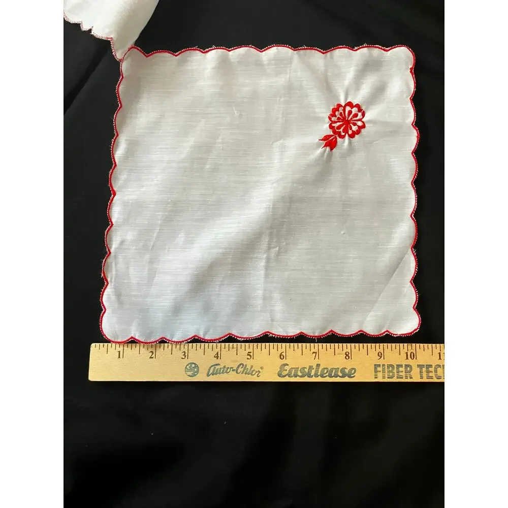 Vintage Embroidered Cotton Napkins Set of 8 Red Floral Scalloped Cocktail Napkin